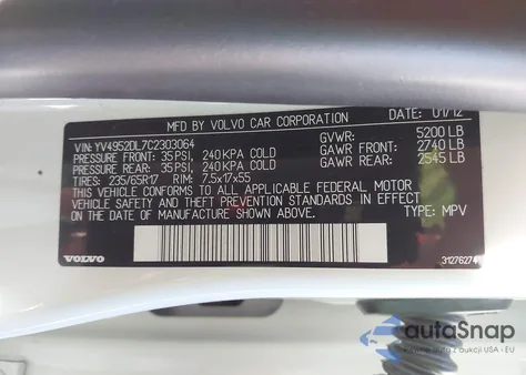 2012 Volvo Xc60 3.2/3.2 Platinum/3.2 Premier/3.2 Premier Plus z USA, uszkodzony, nr VIN YV4952DL7C2303064